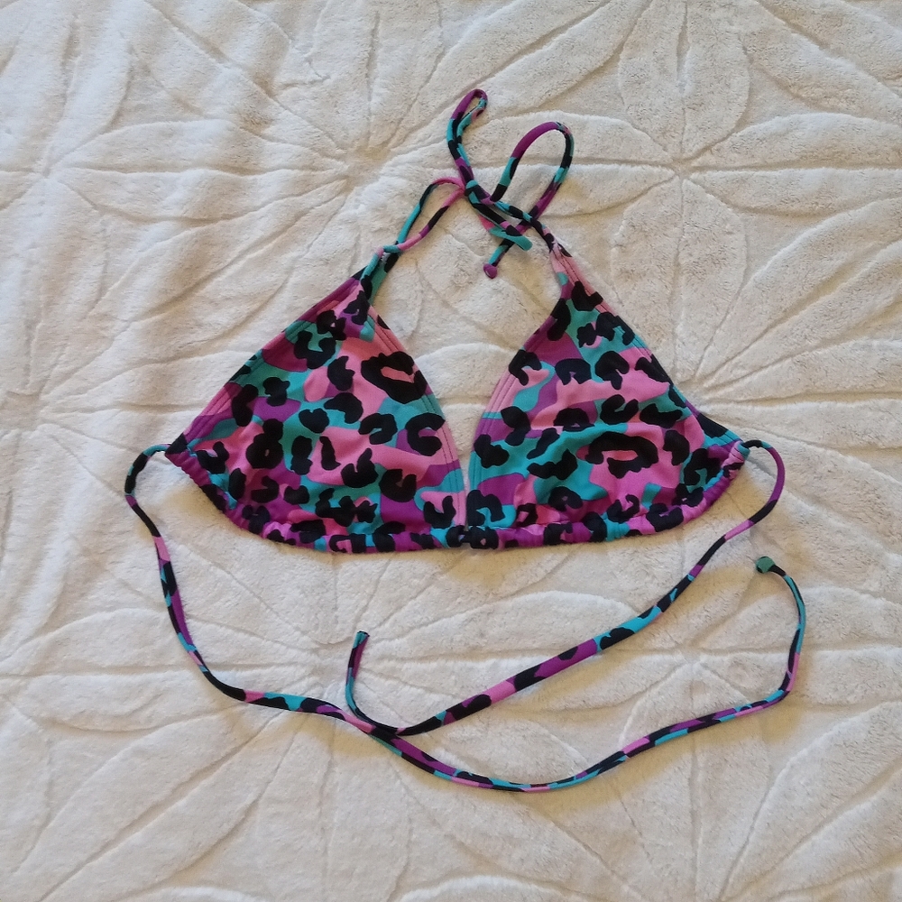 ARIZONA BIKINI TOP BLUE PINK PURPLE LEOPARD PRINT SZ XL TIE SIDES ADJUSTABLE